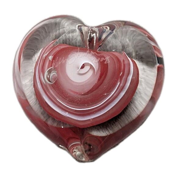 Kathy Sherman Art Glass Heart Paperweight Signed Dated 2004 Red Clear - Picture 6 of 14